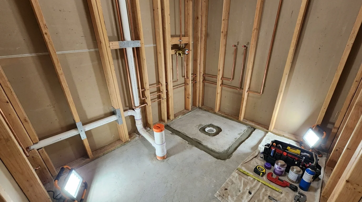 Bathroom rough-in plumbing during remodel by Johns Plumbing LLC in Lamont