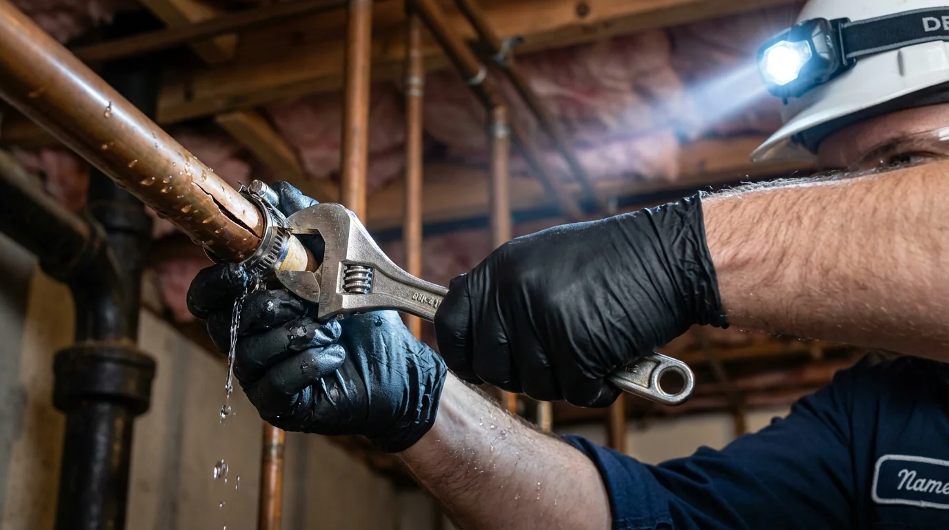 Emergency pipe clamp repair being performed by a Johns Plumbing LLC plumber in Lamont
