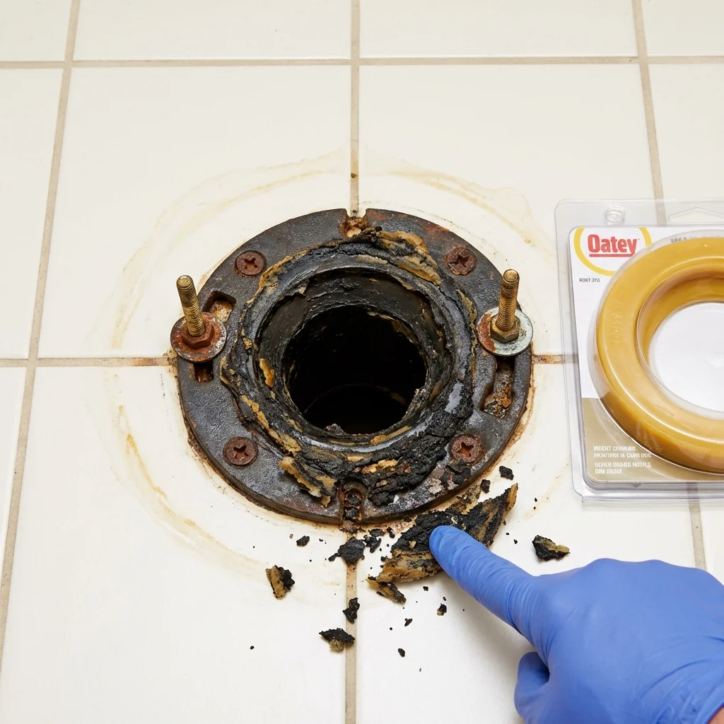 Failed wax ring showing water seepage at the base of a toilet in a Lamont, CA home